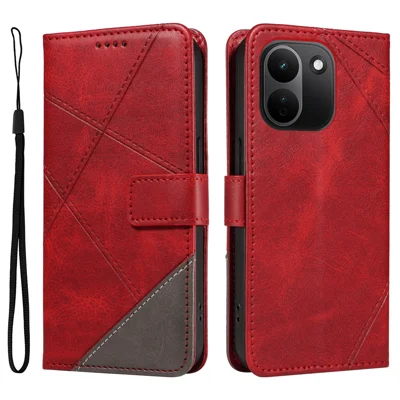  For Xiaomi Redmi Note 17 Pro+ 5G / Xiaomi Redmi Note 17 Pro Max 5G Leather Case Geometric Line Design Wallet Phone Cover with Wrist Strap - Red