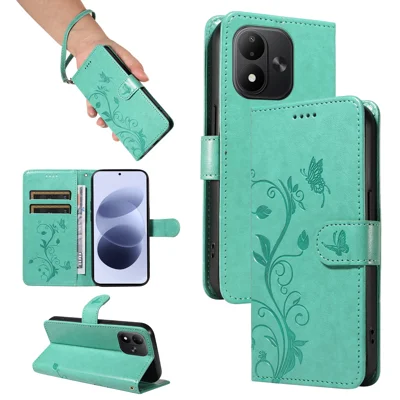 Voor Xiaomi Redmi Note 17 4G (Global) / Xiaomi Redmi Note 17 (India/China) 5G / Xiaomi Redmi Note 17 5G (Global) PU Leather Cases met Bloemenpatroon Portefeuillestandaard Telefoonhoesje met Strap - Groen