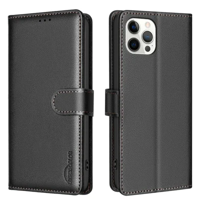  BINFEN COLOR for iPhone 12 Pro Max BF32 Leather Case Wallet RFID Blocking Phone Cover - Black