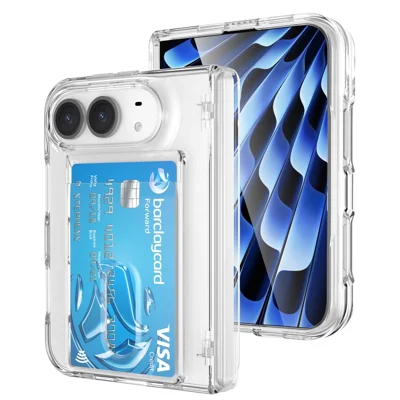 For iPhone Duo Phone Case Card Holder Hinge Protection TPU + PC Cover with Tempered Glass Screen Protector - Transparent