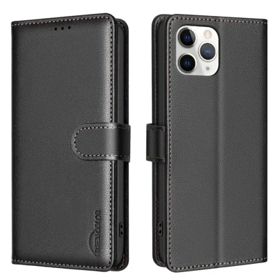 BINFEN COLOR voor iPhone 11 Pro Max BF32 Leren Hoesje Portemonnee RFID Blokkering Telefoonhoes - Zwart