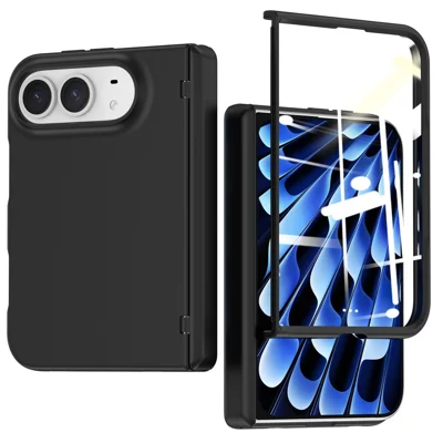 For iPhone Duo Phone Case Hinge Protection Skin Touch Matte Soft TPU Hard PC Cover with Screen Protector - Black