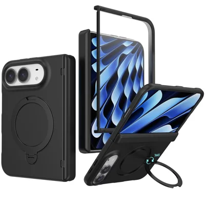For iPhone Duo Magnetic Case Rotating Kickstand Hinge Protection Skin Touch Matte Hard PC Phone Cover with Screen Protector - Black