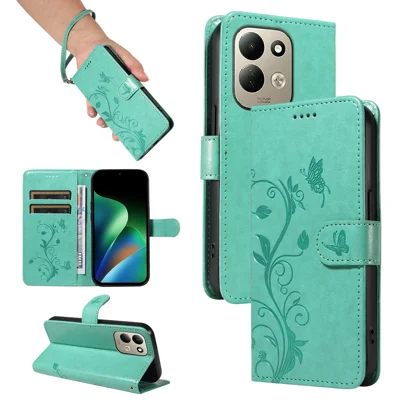 Für Xiaomi Redmi 17 5G / Xiaomi Redmi 17 4G PU-Lederhülle mit Blumenmuster, Brieftasche, Ständer, mit Gurt – Grün