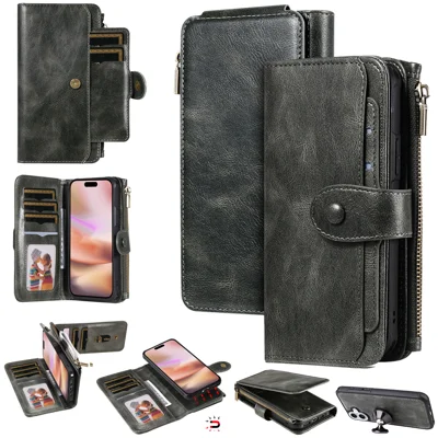 Für iPhone 16 Plus Handyhülle PU-Leder mit Reißverschluss Brieftasche Abnehmbare Hülle - Grün