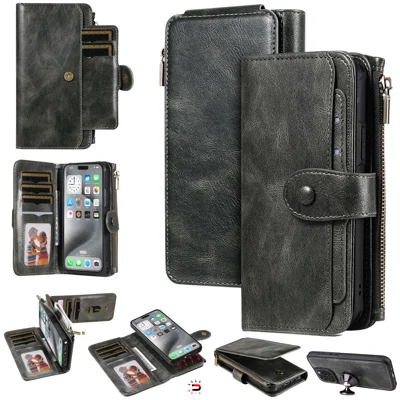  For iPhone 16 Pro Max Phone Case PU Leather Zipper Wallet Detachable Cover - Green