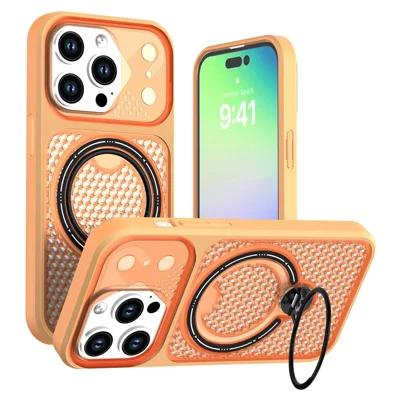 For iPhone 14 Pro Case Ring Kickstand Honeycomb Heat Dissipation PC + TPU Phone Cover - Orange