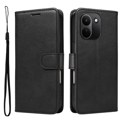  For Xiaomi Redmi Note 17 Pro+ 5G / Xiaomi Redmi Note 17 Pro Max 5G Leather Wallet Case with Strap Solid Color Phone Stand Cover - Black