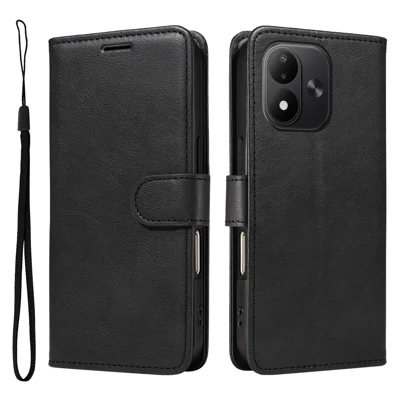  For Xiaomi Redmi Note 17 4G (Global) / Xiaomi Redmi Note 17 (India/China) 5G / Xiaomi Redmi Note 17 5G (Global) Leather Wallet Case with Strap Solid Color Phone Stand Cover - Black
