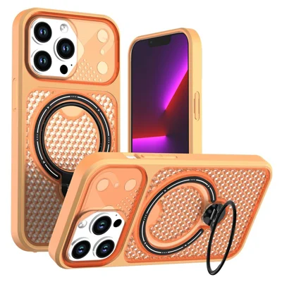 For iPhone 13 Pro Case Ring Kickstand Honeycomb Heat Dissipation PC + TPU Phone Cover - Orange