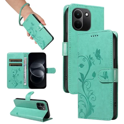  For Xiaomi Redmi Note 17 Pro+ 5G / Xiaomi Redmi Note 17 Pro Max 5G PU Leather Cases Flower Pattern Wallet Stand Phone Cover with Strap - Green
