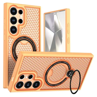 For Samsung Galaxy S24 Ultra Case Ring Kickstand Honeycomb Heat Dissipation PC + TPU Phone Cover - Orange