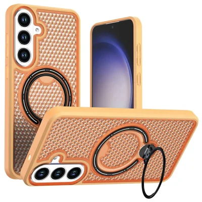 Чехол для Samsung Galaxy S26 FE / S25 FE с кольцом-подставкой, сотовым охлаждением, из поликарбоната и ТПУ - Оранжевый