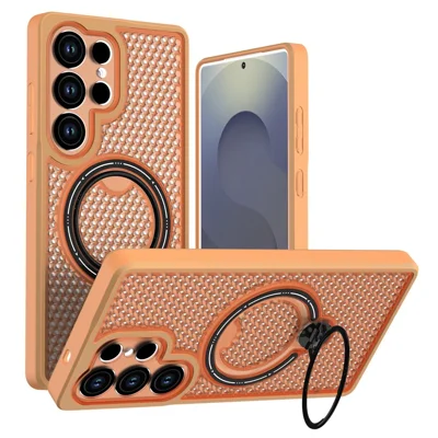 For amsung Galaxy S25 Ultra Case Ring Kickstand Honeycomb Heat Dissipation PC + TPU Phone Cover - Orange
