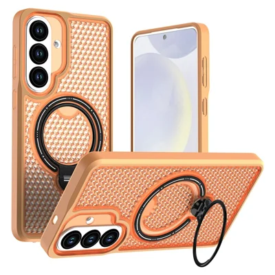 Samsung Galaxy S26 hoesje met ringstandaard, zeshoekige koeling, PC + TPU telefoonhoes - Oranje