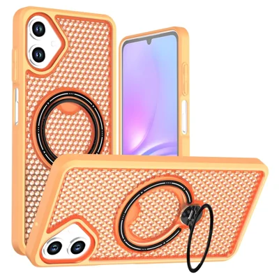 Phone Case for Samsung Galaxy A08 5G / A07 5G / A07 4G / A06 5G / A06 4G , Ring Kickstand Honeycomb Heat Dissipation PC + TPU Back Cover - Orange
