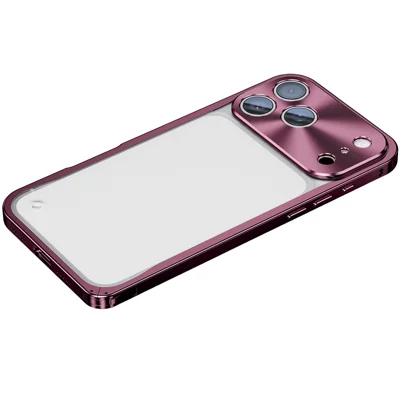 For iPhone 18 Pro Max Metal Clear Case Safety Lock Matte Anti-Fingerprint Back Cover -  Cherry Red