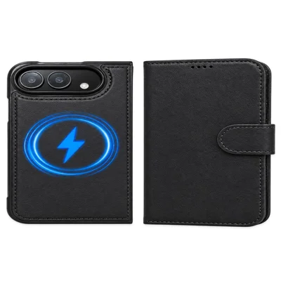 Étui magnétique Duo pour iPhone, étui détachable en cuir fendu pliable avec protecteur d'écran en verre trempé - Noir