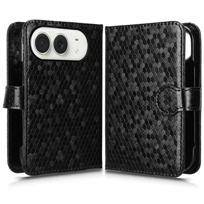 For iPhone Duo Wallet Case Dot Pattern Imprint PU Leather Phone Cover with Wrist Strap - Black