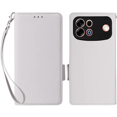 For Oppo A7 Pro Max 5G / F35 Pro 5G Case Litchi Texture Wallet Leather Phone Cover with Wrist Strap - White