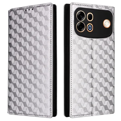 For Oppo A7 Pro Max 5G / F35 Pro 5G Case Wallet Rhombus Imprinted PU Leather Phone Cover - Silver