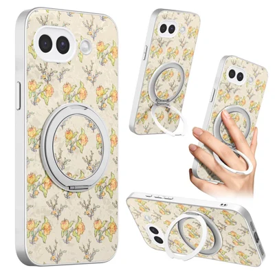 For Google Pixel 10a Case Rotating Kickstand Floral Pattern Leather Coated PC + TPU Anti Drop Phone Cover - Beige