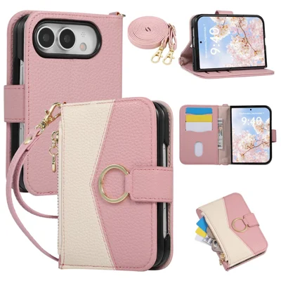 For iPhone Duo Case Triangle Stitching Zipper Wallet PU Leather Phone Cover with Wrist Strap / Long Strap - Pink