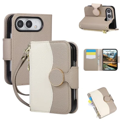 For iPhone Duo Case Zipper Wallet Color Splicing PC PU Leather Phone Cover with Wrist Strap - Grey