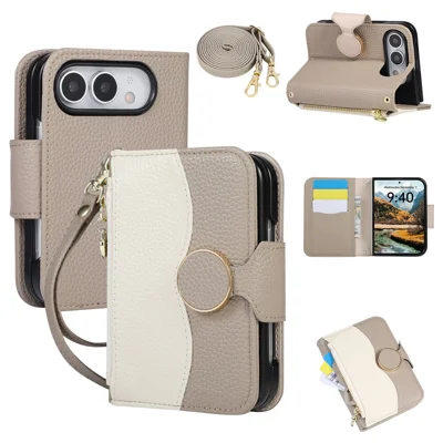 For iPhone Duo Zipper Wallet Case Splicing Color Litchi Texture PU Leather + TPU Phone Cover with Wrist Strap and Shoulder Strap - Grey