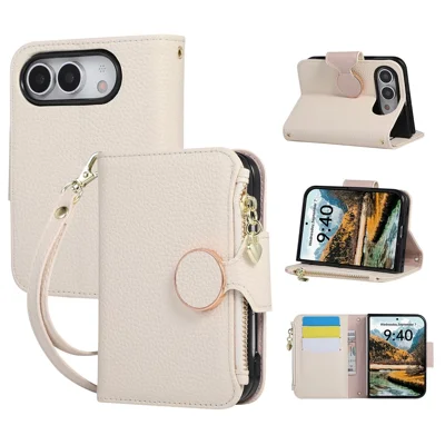 For iPhone Duo Case Zipper Wallet Leather Phone Cover with Wrist Strap - Beige