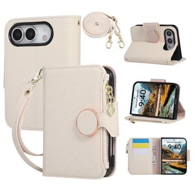 For iPhone Duo Zipper Wallet Case Round Magnetic Clasp PU Leather + TPU Phone Cover with Wrist Strap and Shoulder Strap - Beige