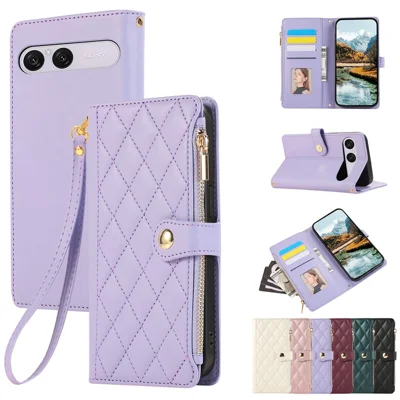 For Sony Xperia 10 VIII Case Multi Card Slots Zipper Rhombus Leather Phone Cover with Wrist Strap - Purple