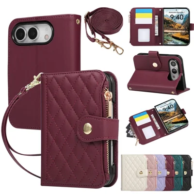For iPhone Duo Case Zipper Wallet Rhombus Leather Phone Cover with Wrist Strap and Shoulder Strap - Wine Red