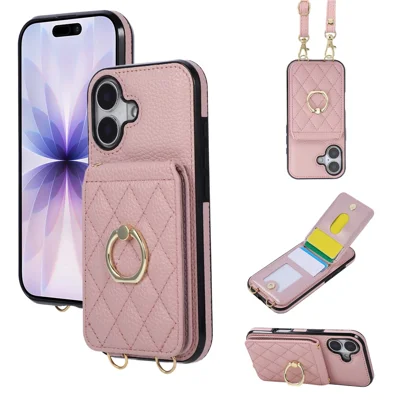 For iPhone 17 Case Vertical Flip PU Leather TPU PC Phone Cover with Ring Holder and Shoulder Strap - Pink