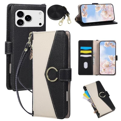 For iPhone 18 Pro Max / 17 Pro Max Case Triangle Splicing Zipper Wallet Leather Cover with Wrist Strap / Shoulder Strap - Zwart