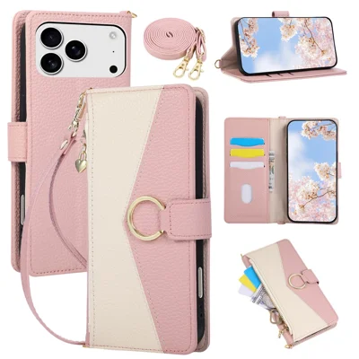 For iPhone 18 Pro / 17 Pro Case Triangle Splicing Zipper Wallet Leather Cover with Wrist Strap / Shoulder Strap - Pink