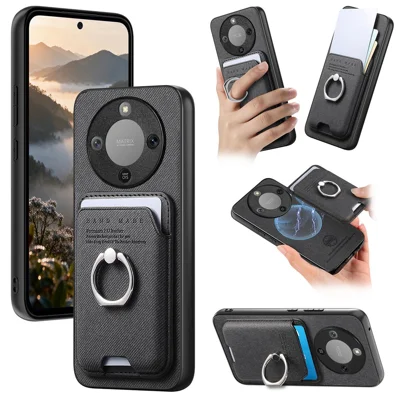 Phone Case for Honor X9d 5G / Magic8 Lite 5G / X70 5G , Cloth Texture Leather + PC + TPU Back Cover with Detachable Magnetic Ring Kickstand Card Holder - Black