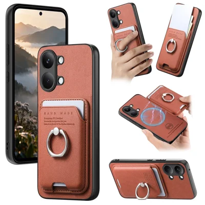 For Xiaomi Poco X8 Pro Max 5G  /  Redmi Turbo 5 Max 5G Case Cloth Texture Leather + PC + TPU Phone Cover with Detachable Magnetic Ring Kickstand Card Holder - Brown