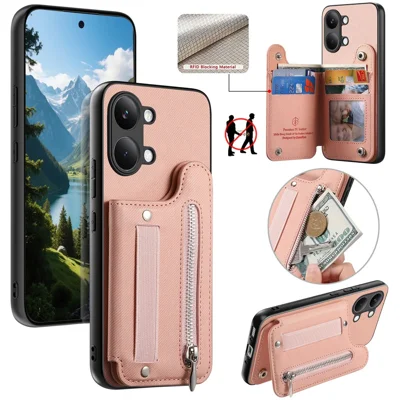 Funda para Xiaomi Poco X8 Pro Max 5G / Redmi Turbo 5 Max 5G con soporte para tarjetas con bloqueo RFID, textura de tela vaquera, cuero trasero con correa elástica para muñeca - Rosa