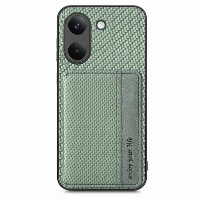 For Xiaomi Poco X8 Pro 5G  /  Redmi Turbo 5 5G Case RFID Blocking Carbon Fiber Leather Phone Back Cover with Card Holder - Green