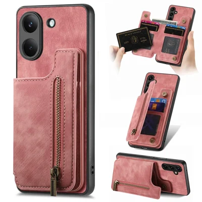 For Xiaomi Poco X8 Pro 5G  /  Redmi Turbo 5 5G Case with Zipper Card Holder Retro Leather TPU Phone Cover - Pink