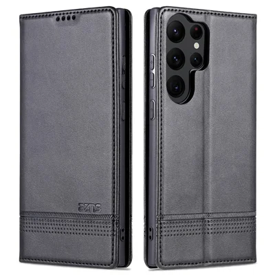 AZNS Für Samsung Galaxy S23 Ultra Anti-Scratch Cowhide Texture Stand Wallet Case PU Leder Magnetische Auto-absorbierte Handyhülle - Schwarz