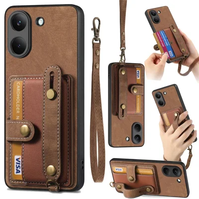 For Xiaomi Poco X8 Pro 5G  /  Redmi Turbo 5 5G Case Wristband Kickstand PU Leather Retro Back Cover Card Holder - Brown