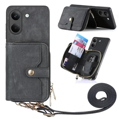 For Xiaomi Poco X8 Pro 5G  /  Redmi Turbo 5 5G Case PU Leather Phone Back Cover with Zipper Card Holder and Long Strap - Black