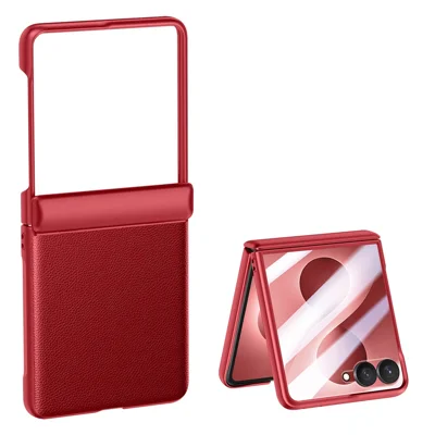 For Samsung Galaxy Z Flip8 Case Leather + PC Phone Cover HD Rear Small Screen Protector - Red