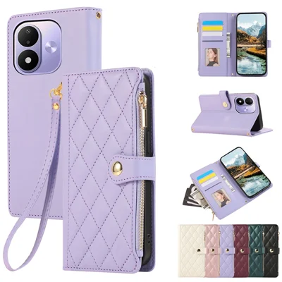 Phone Case for Xiaomi Redmi Note 17 4G (Global) / Note 17 5G (Global) / Note 17 (India / China) 5G Multi Card Slots Zipper Rhombus Leather Phone Cover with Wrist Strap - Purple