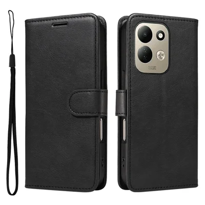 Für Xiaomi Redmi 17 5G / Xiaomi Redmi 17 4G Ledertasche mit Gurt, einfarbige Handyhülle mit Ständer - Schwarz