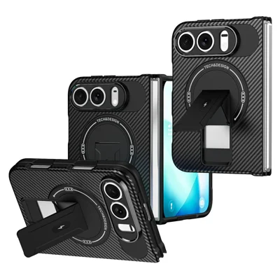 For iPhone Duo Magnetisk Omslag med Fold udstander og Kulstof Fiber Struktur PU Læder + PC Hestelås Telefondæksel - Sort