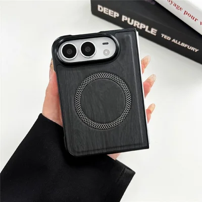 For iPhone Duo Magnetic Case Wood Grain Leather + PC Phone Cover - Black