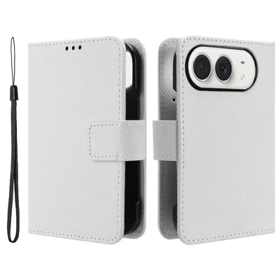 For iPhone Duo Case PU Leather Diamond Texture Phone Cover with Card Slot / Wrist Strap - White